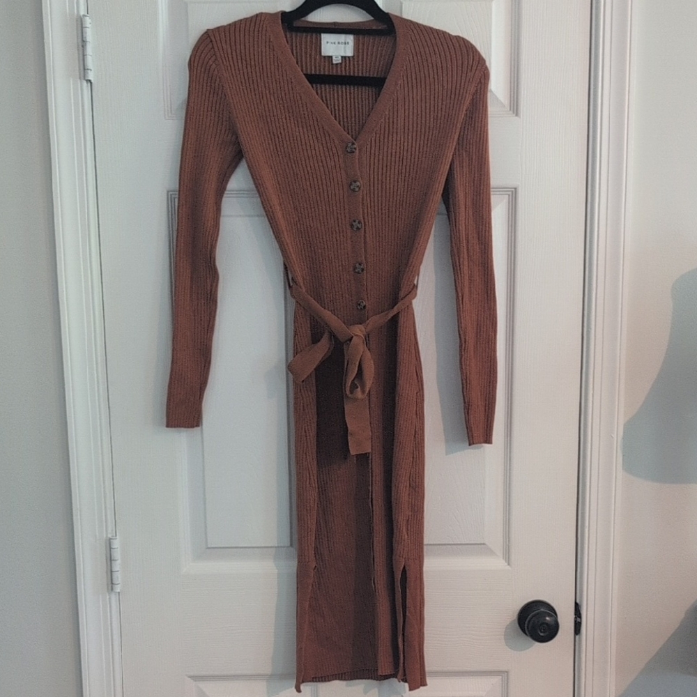 Pink Rose Brown Long Sleeve Knit Dress
